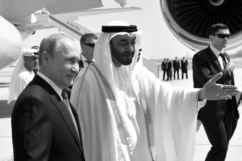 Russia's Vladimir Putin and Abu Dhabi's Crown Prince Sheikh Mohammed bin Zayed Al Nahyan in Abu Dhabi, UAE, 15 October 2019.