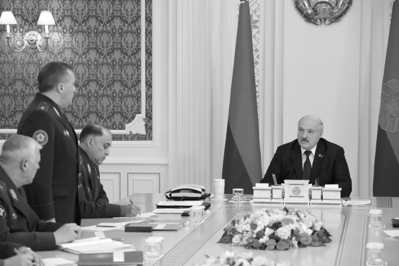 Belarusian President Alexander Lukashenko meets with military officials in Minsk on 10 October 2022.