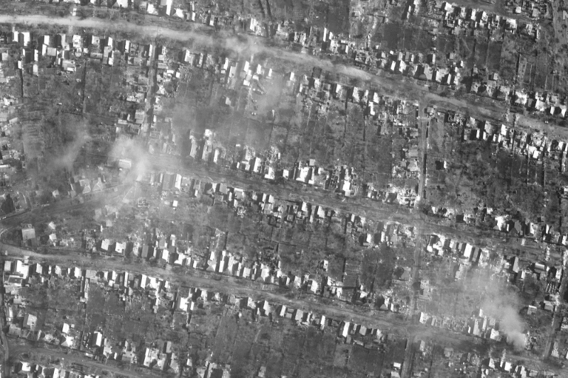 A satellite view of the damage from the battle for Bakhmut, Ukraine, made available by Maxar on 10 March 2023.