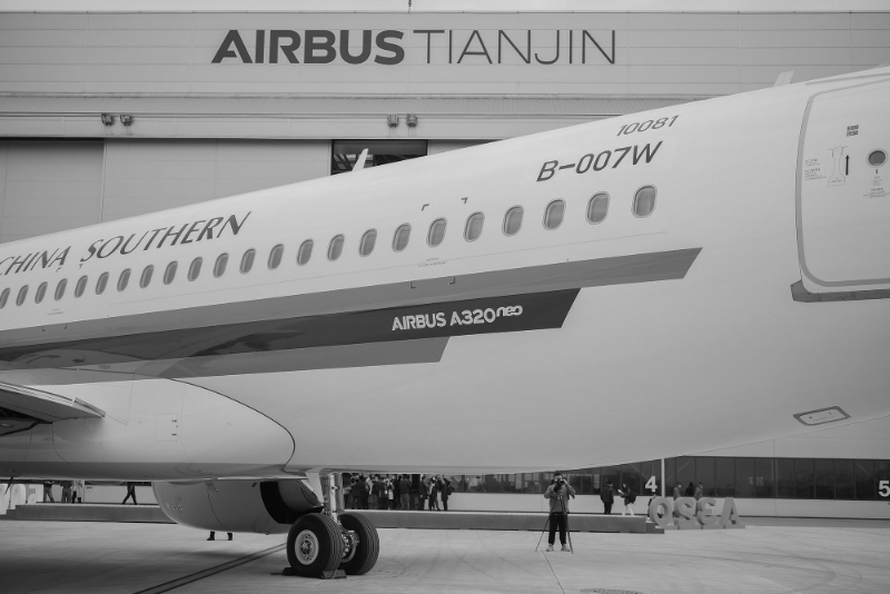 A view of the 500th A320 passenger plane assembled at the Airbus plant in north China's Tianjin Municipality Thursday, Oct. 29, 2020, before the delivery celebration.
