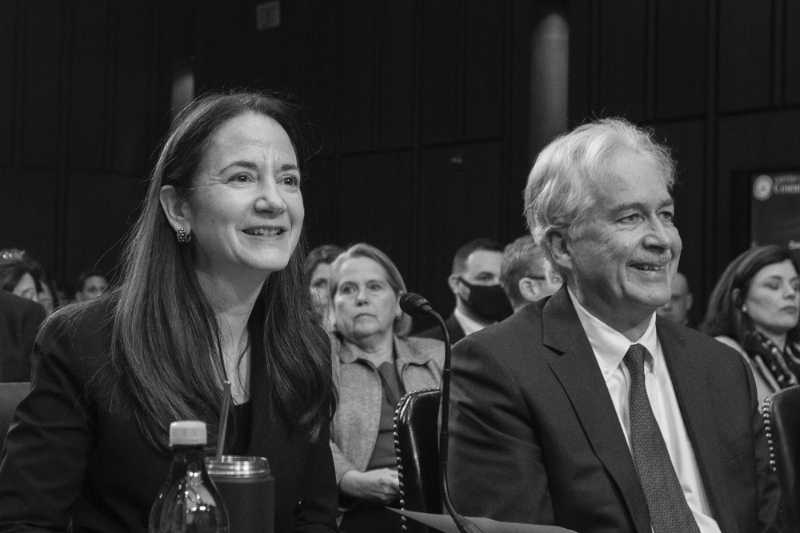 Director of National Intelligence (DNI) Avril Haines and CIA Director William J. Burns at a Senate Intelligence Committee hearing on global threats, in Washington, on 8 March 2023.