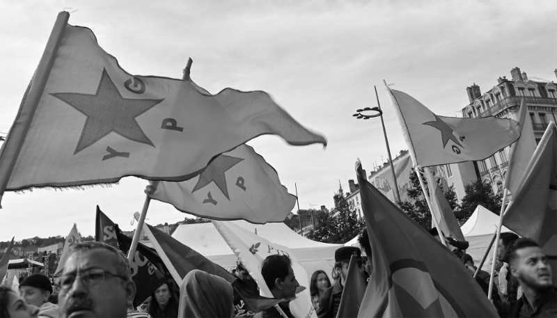 YPG flags during a demonstration in Lyon, France on 12 October 2019.