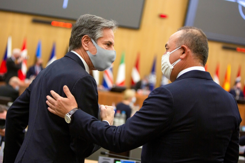 U.S. Secretary of State Antony Blinken and Turkish Foreign Minister Mevlüt Çavusoglu at a NATO meeting in Brussels on March 23.