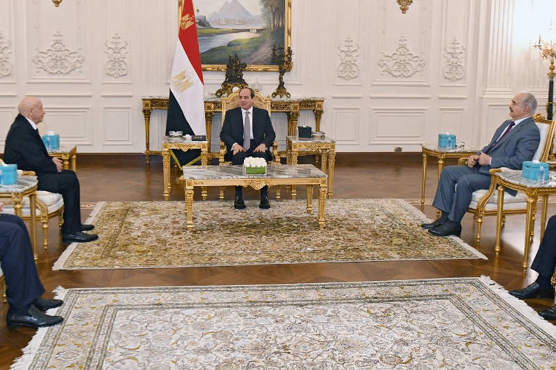 Aguila Salah Issa, Abdel Fattah Al Sisi and Khalifa Haftar (from left to right) met in Cairo, on 14 september.