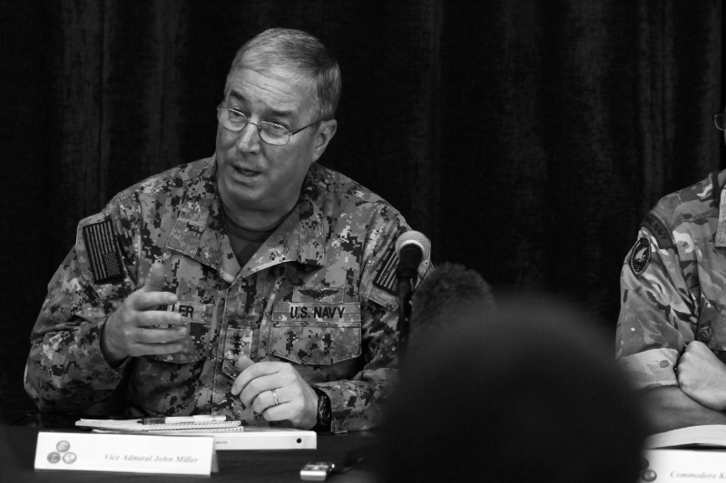 Miller, a former commander of the Combined Maritime Forces (CFM), the US Naval Force Central Command (NAVCENT), was pictured here during a news conference at Central Command headquarters in Manama, November 2, 2014.