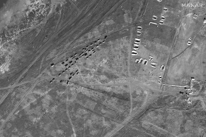 A satellite image shows a battalion-sized unit in a convoy near Filativka training area, Crimea February 15, 2022.