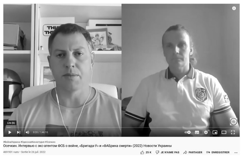 Vladimir Osechkin (left), a Russian opponent who took refuge in France in 2015, posted his interview on YouTube in July 2022 with Alexander Lisenkov, who presented himself as an ex-FSB informant and turned out to be a clandestine Russian intelligence agent.