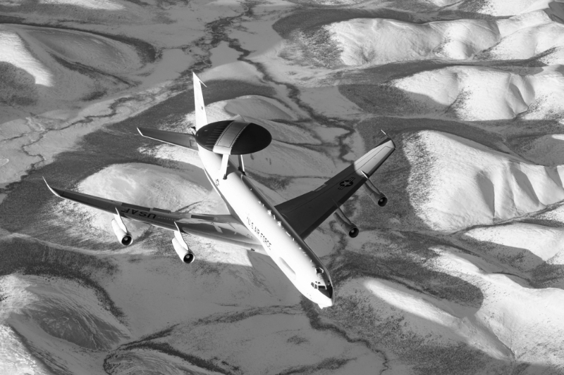 A US Air Force E-3 Sentry AWACS flies over Alaska, 16 March 2022.